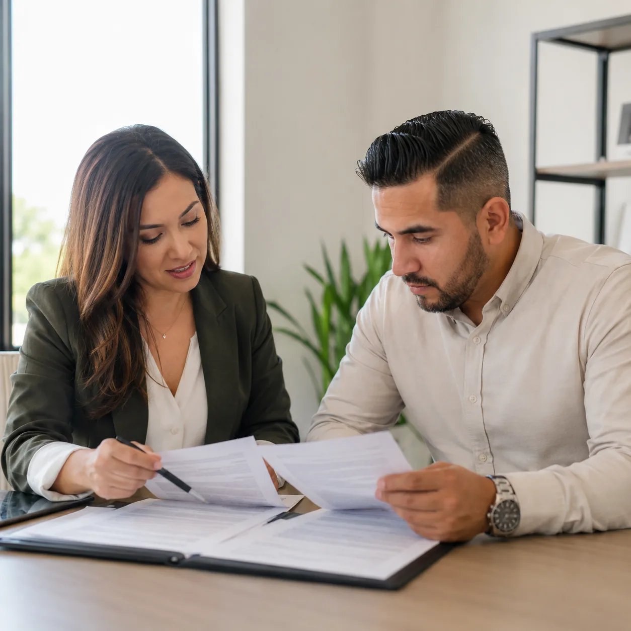 Realistic editorial photo of a buyer reviewing English and Spanish home purchase documents with a bilingual real estate