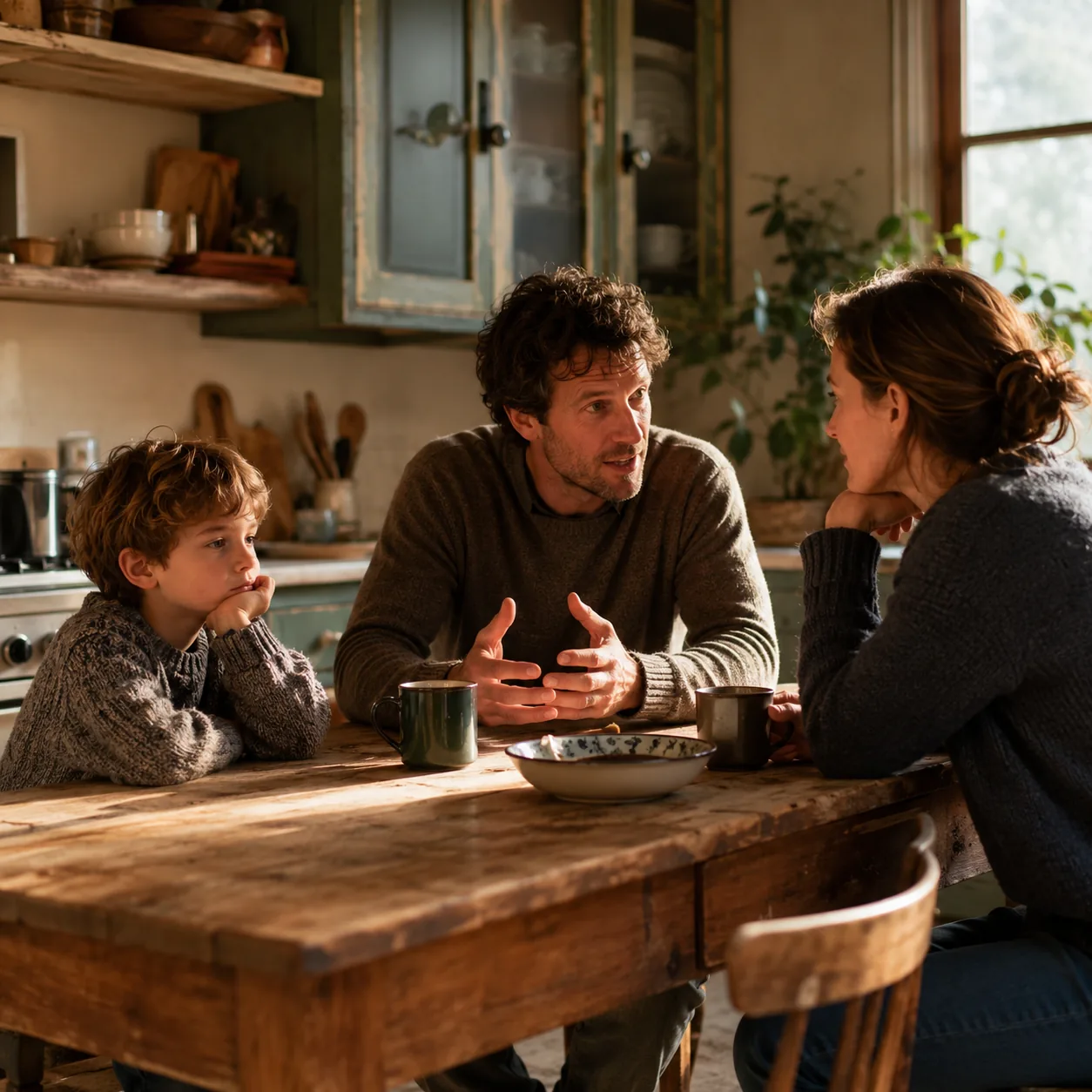 Realistic editorial photo of a child waiting beside two adults talking at a kitchen table, warm natural light, practical