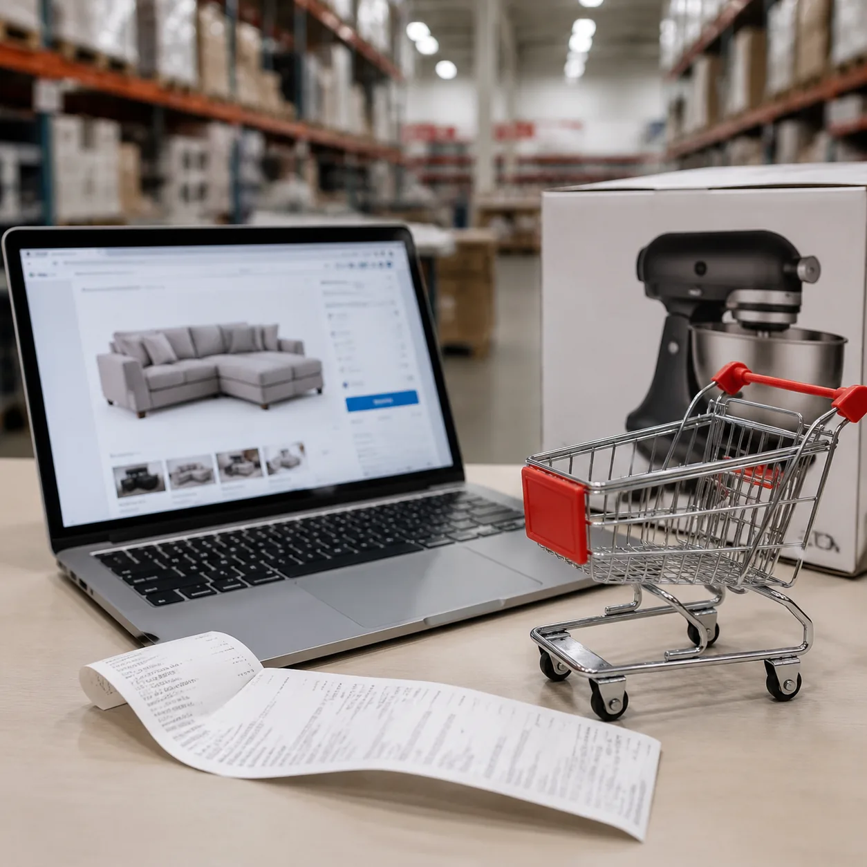 Realistic editorial photo of a laptop shopping cart beside a warehouse receipt and boxed household item, practical consu