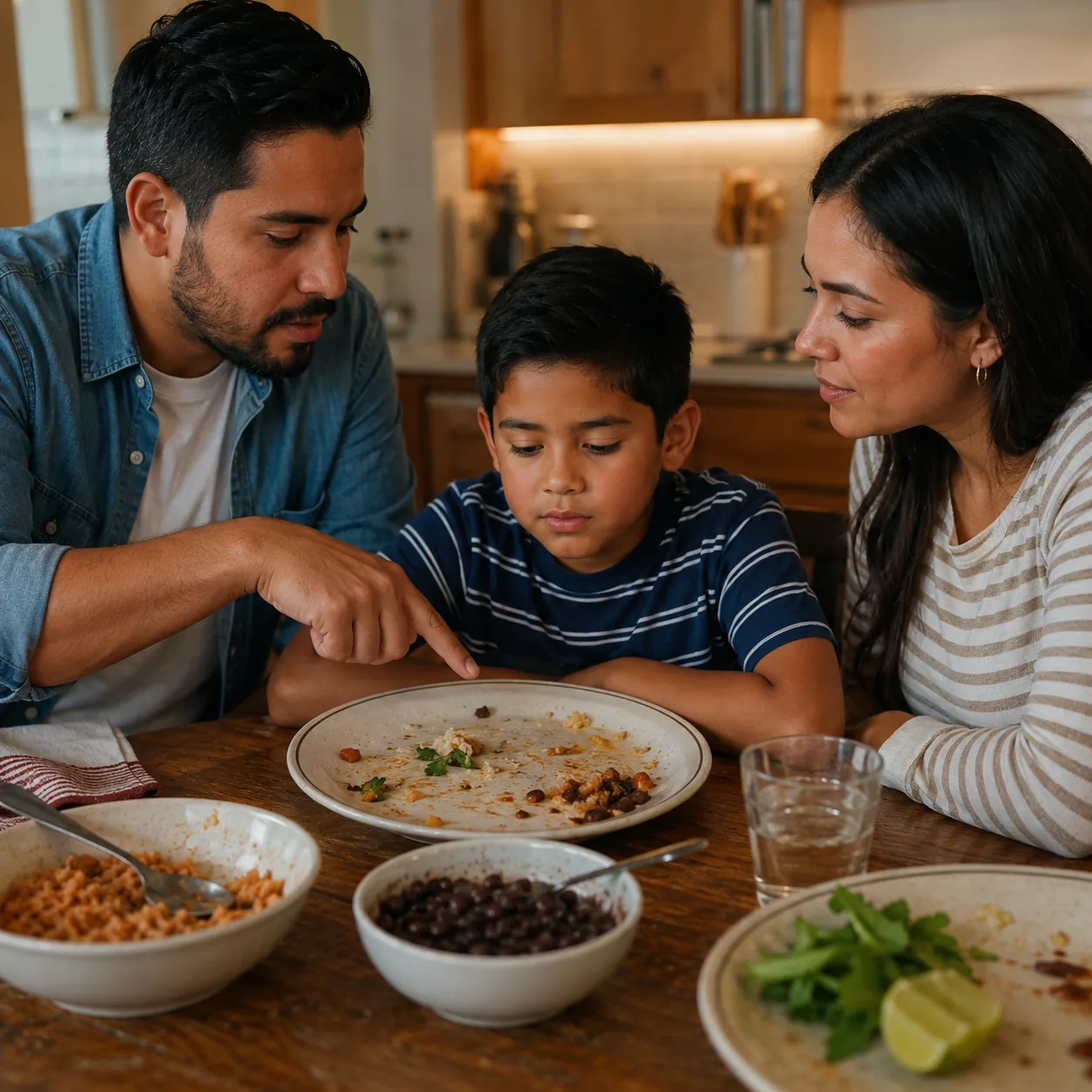 Realistic editorial photo of a Latino family at dinner with a parent gently pointing to leftover food on a plate, warm k