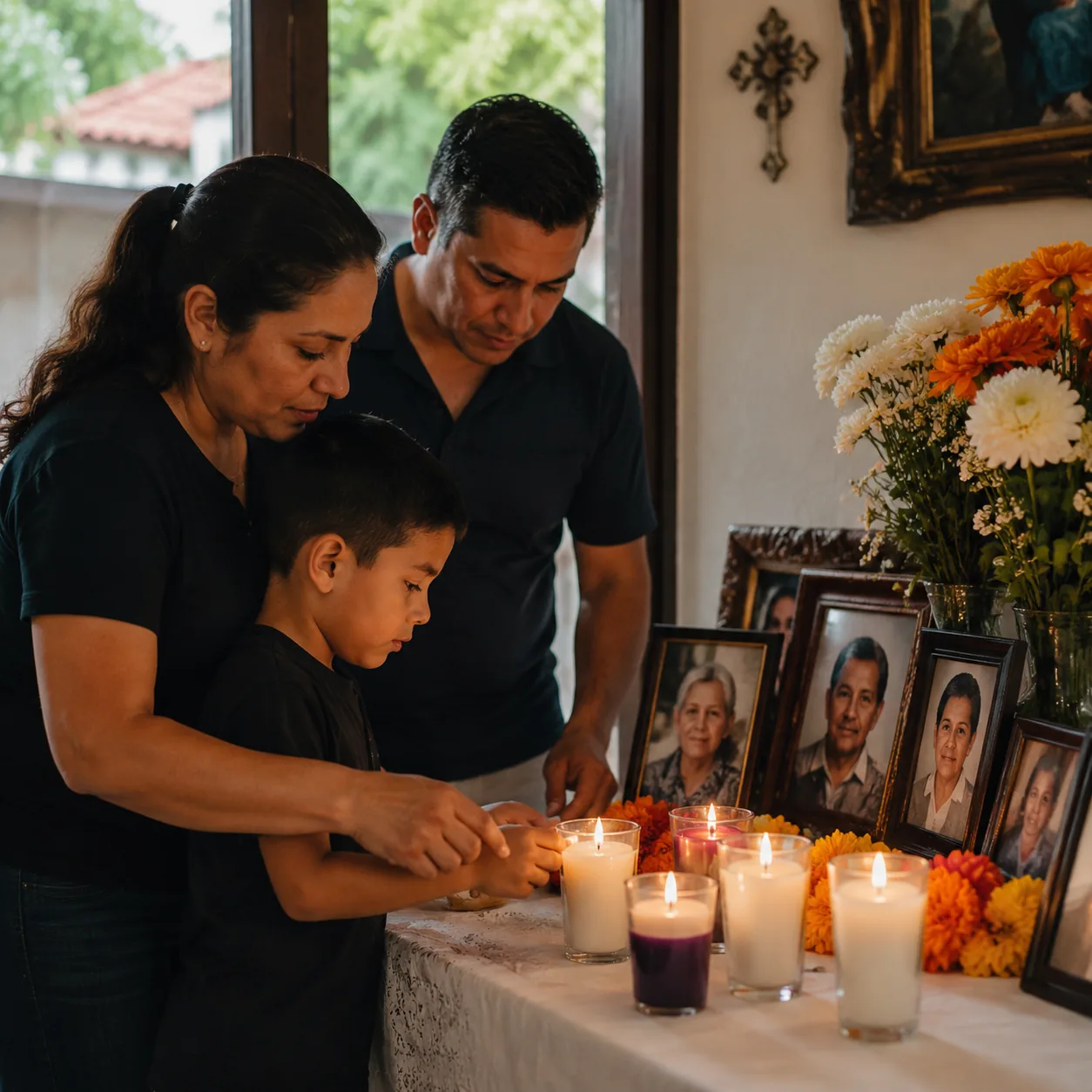 Realistic editorial photo of a Latino family lighting candles on a small home altar with framed family photos and flower