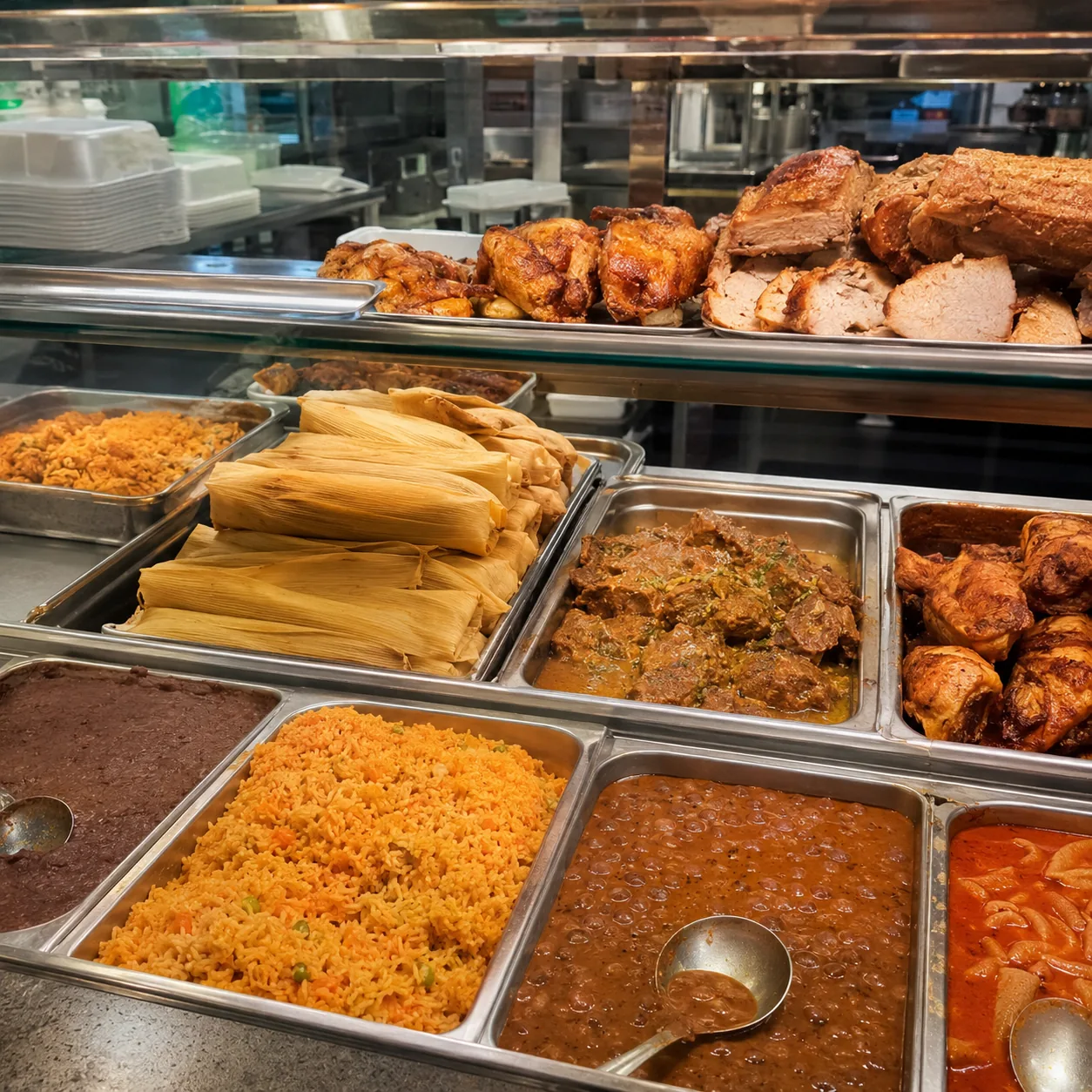 Realistic editorial photo of a Latino grocery deli counter with prepared rice, beans, tamales, stews, and roasted meats