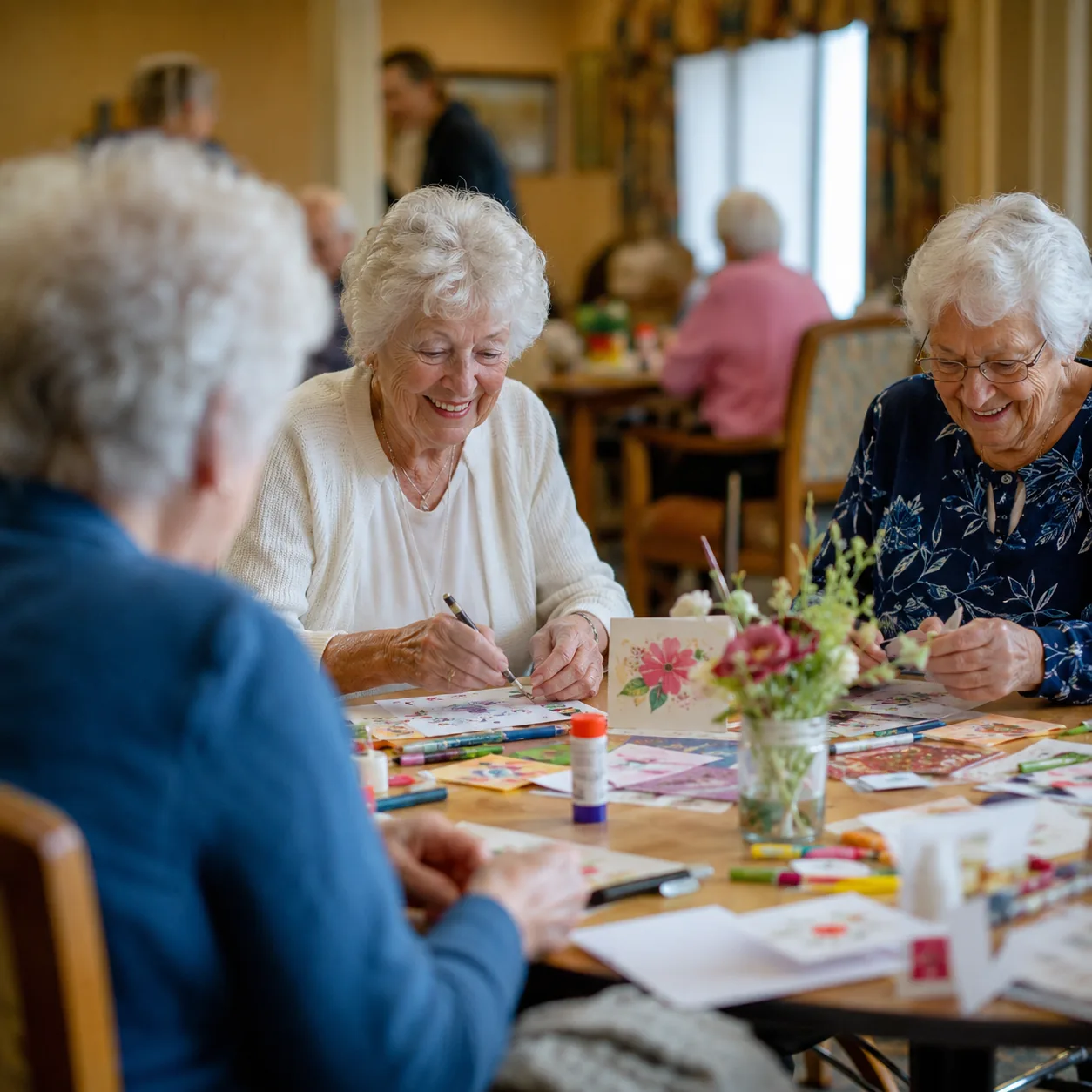 Realistic editorial photo of a retirement community activity table with craft supplies, cards, and older adults gatherin