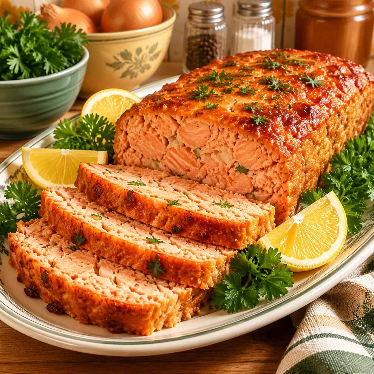 Realistic editorial photo of a sliced salmon loaf on a platter with lemon wedges and parsley in a modest kitchen, practi