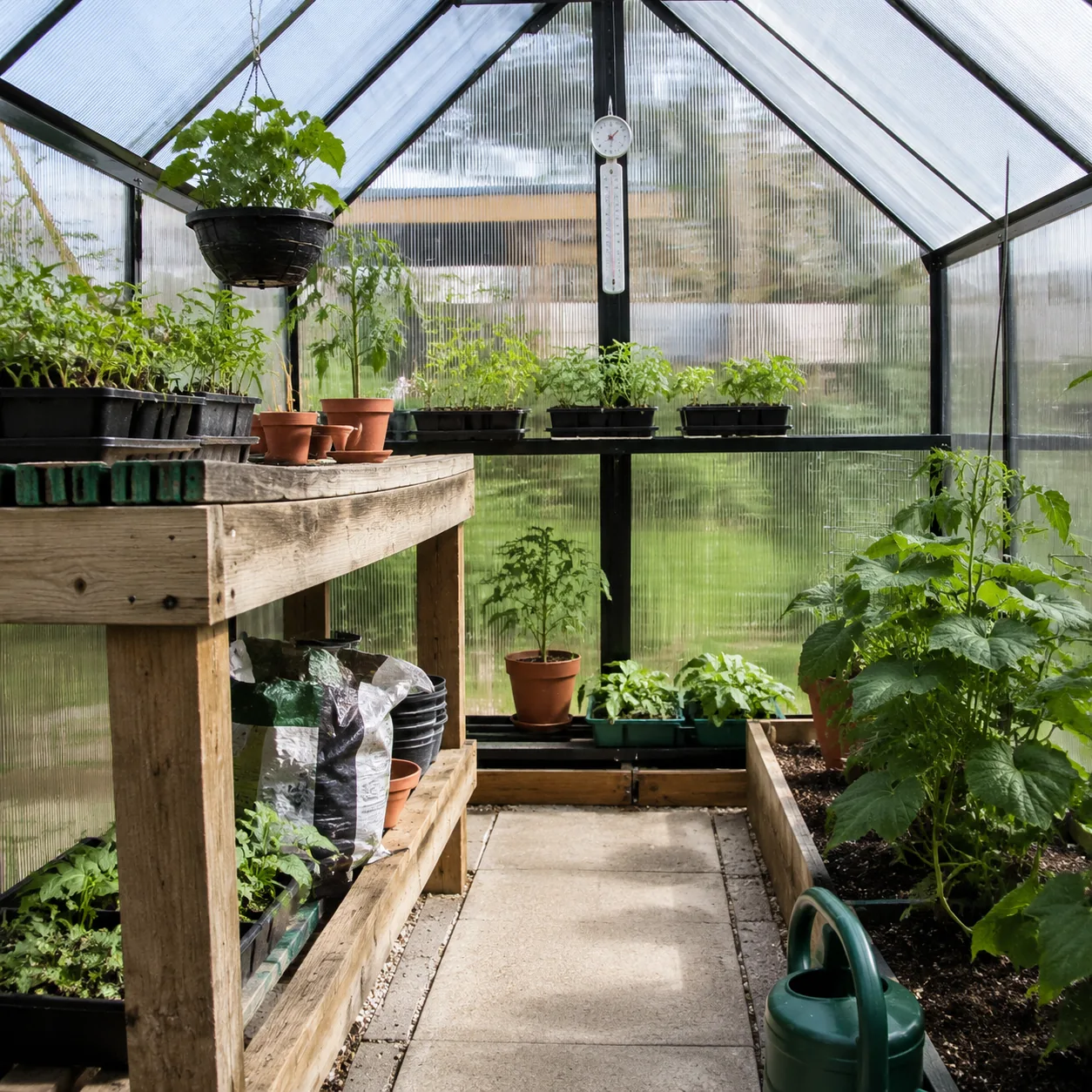 Realistic editorial photo of a small backyard greenhouse with potting bench, seedlings, and a thermometer, practical gar