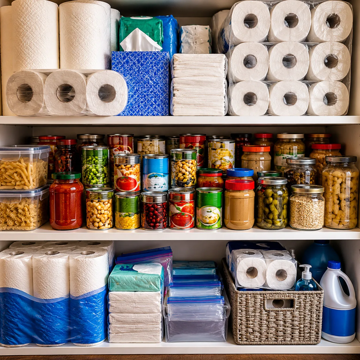 Realistic editorial photo of a small pantry shelf crowded with bulk paper goods and canned food, practical consumer guid