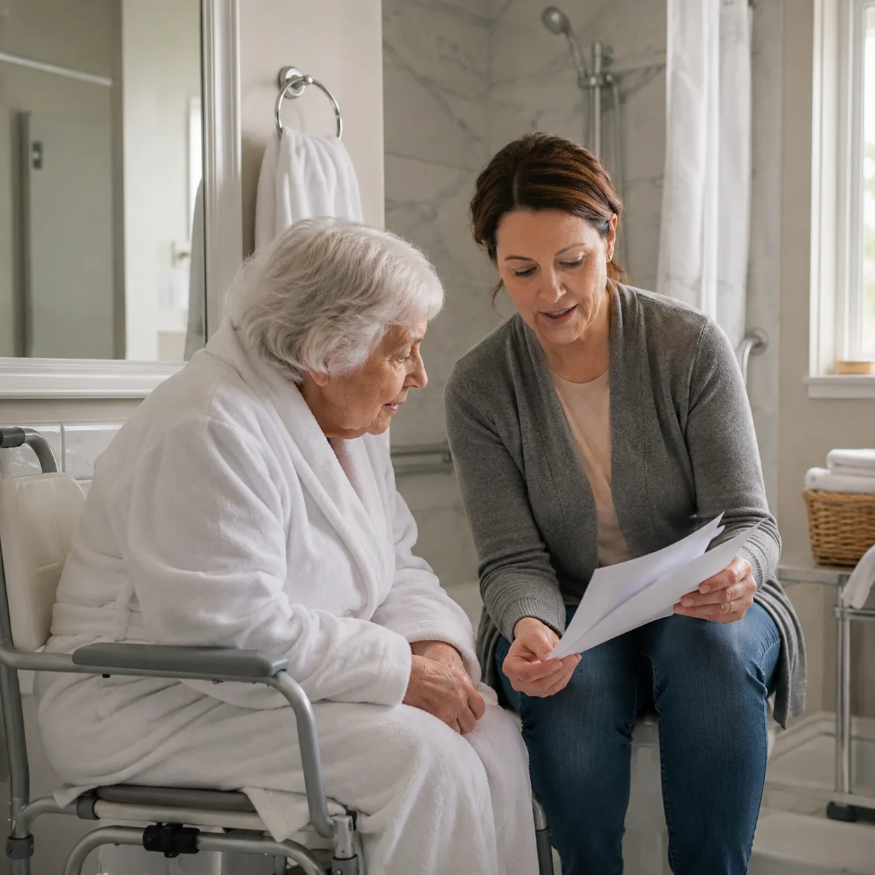 Realistic editorial photo of an accessible assisted living bathroom with shower chair, towels, and adult child reviewing