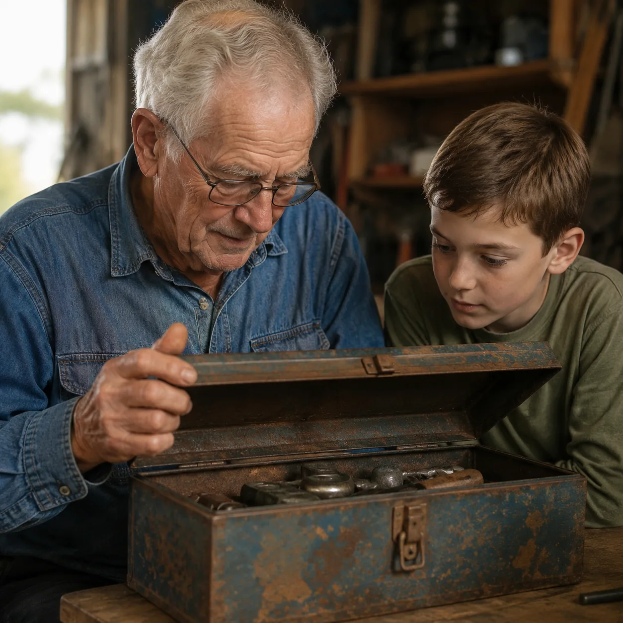 Realistic editorial photo of an elderly grandparent opening an old metal toolbox with a younger relative nearby, warm na
