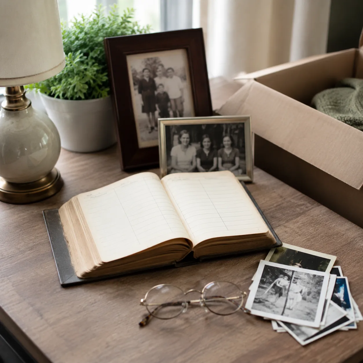 Realistic editorial photo of an old address book beside reading glasses and family photos on a small desk, practical dow