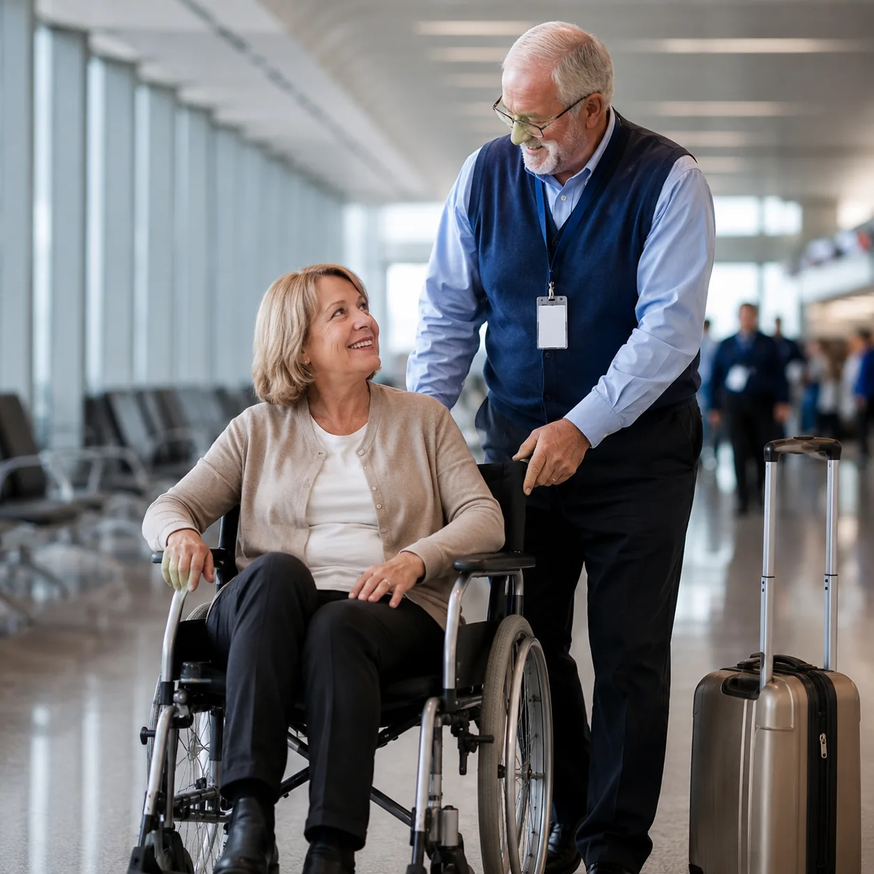 Realistic editorial photo of an older airport wheelchair assistant helping a traveler through a terminal corridor with l