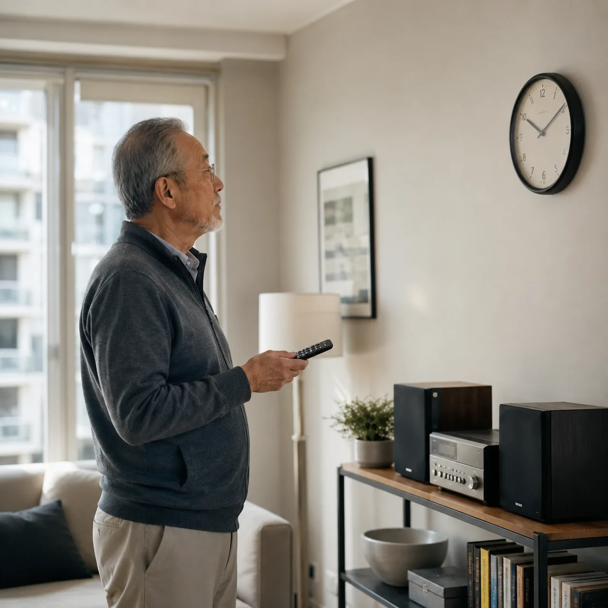 Realistic editorial photo of an older condo resident looking at a wall clock and a small stereo remote in a tidy living