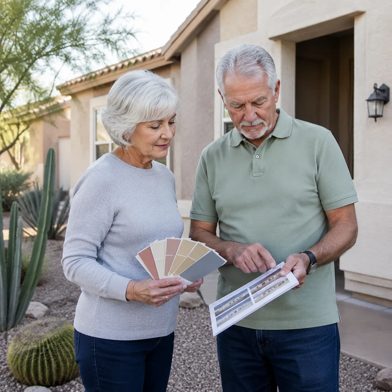 Realistic editorial photo of an older couple comparing exterior color samples and HOA guidelines outside a retirement co