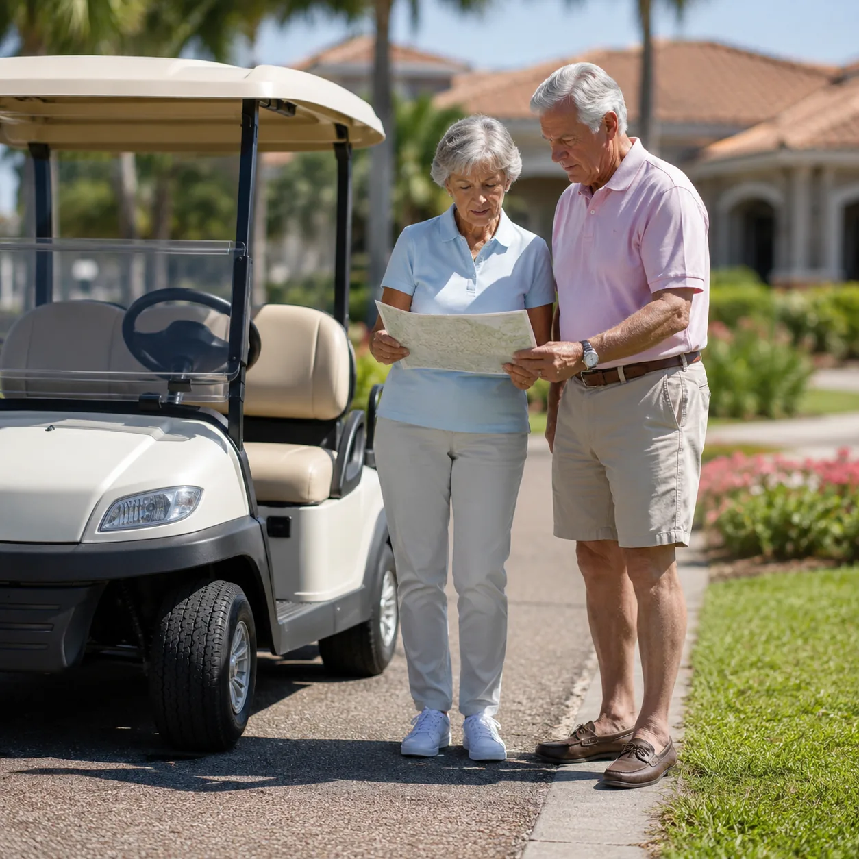 Realistic editorial photo of an older couple parking a golf cart near a retirement community path while reviewing low-sp