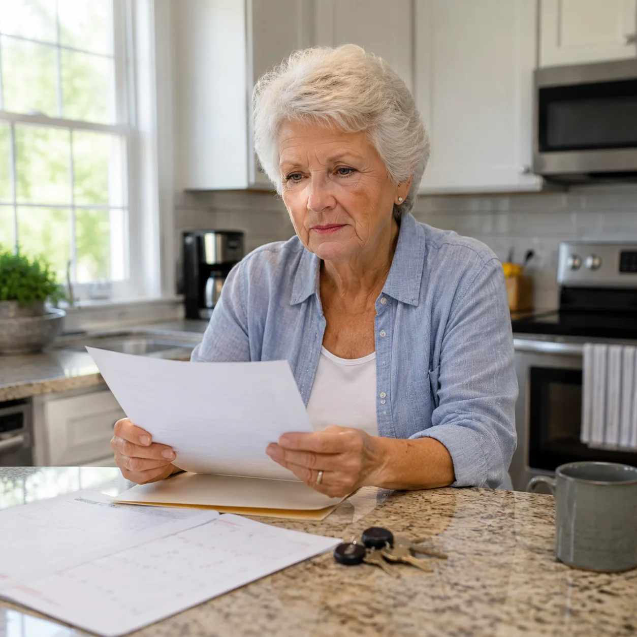 Realistic editorial photo of an older homeowner reviewing rental restriction documents with keys and calendar on a kitch