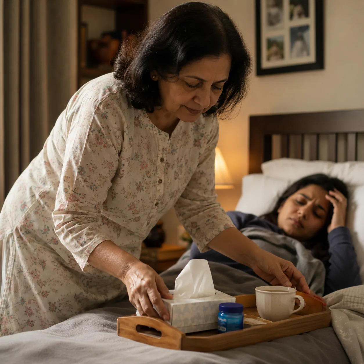 Realistic editorial photo of an older woman placing menthol rub, tissues, and tea on a bedside tray for a sick family me