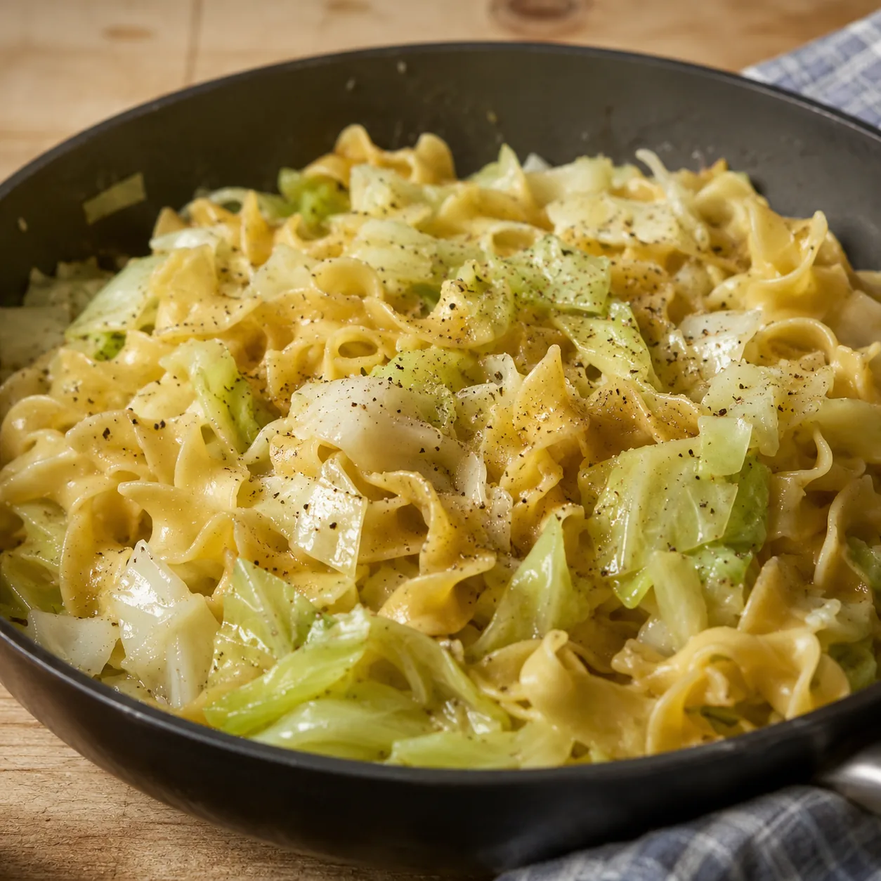 Realistic editorial photo of cabbage and egg noodles tossed in a skillet with butter and pepper, practical old-fashioned