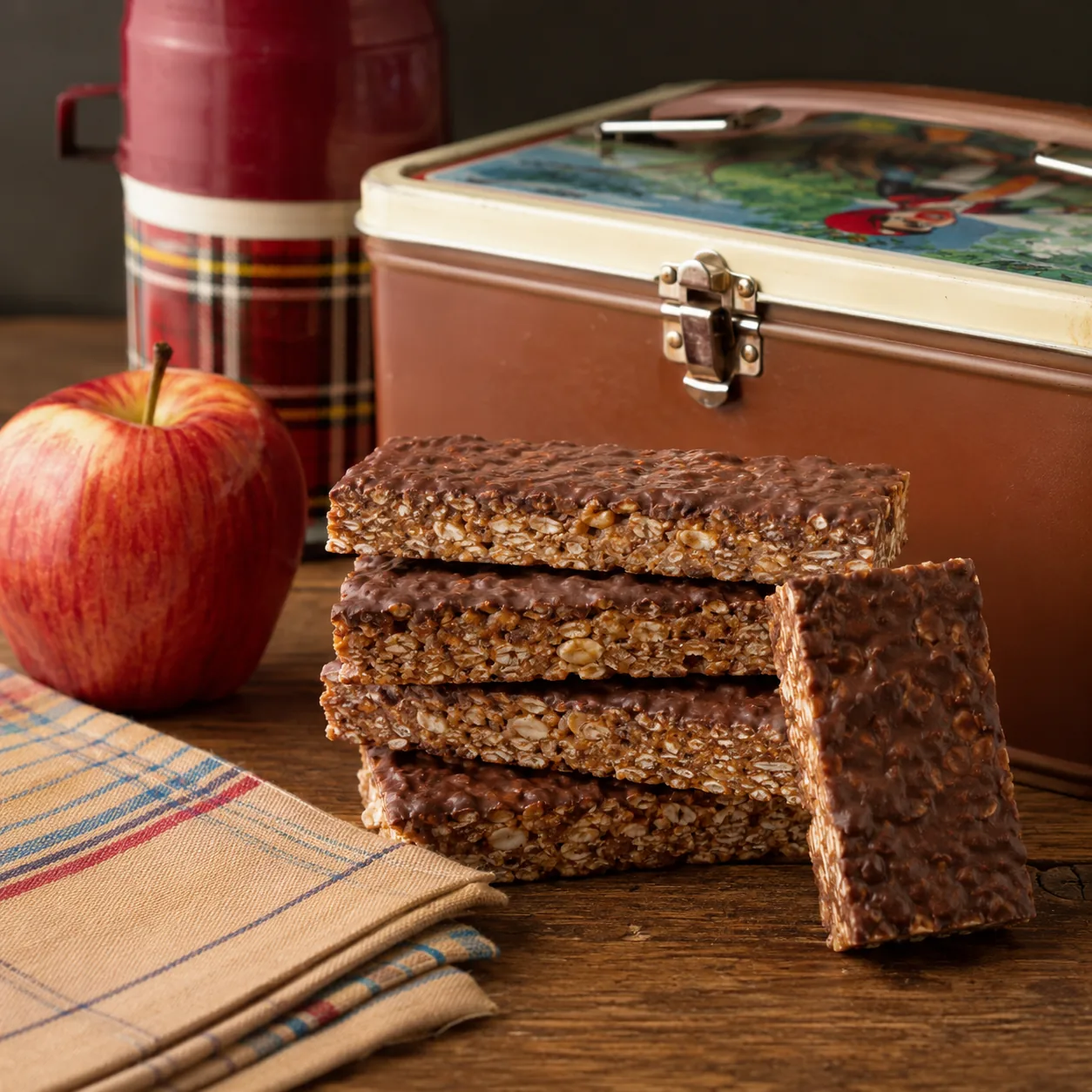 Realistic editorial photo of chocolate-coated granola bars stacked beside a lunchbox, apple, and folded napkin, practica