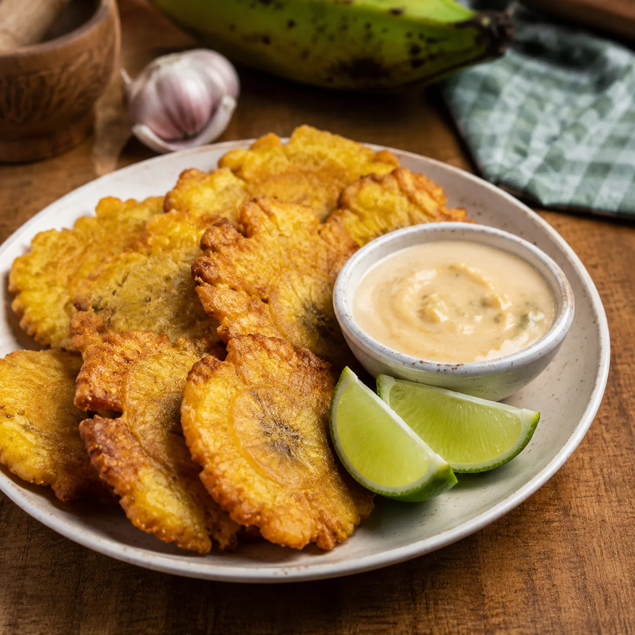 Realistic editorial photo of crispy tostones on a plate with garlic dipping sauce and lime wedges, warm natural light, P