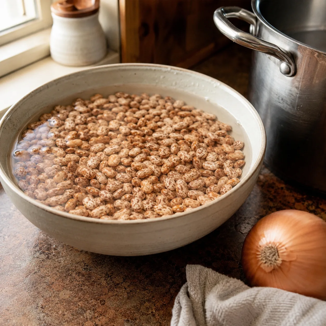 Realistic editorial photo of dried pinto beans soaking in a large bowl beside a stockpot and onion on a kitchen counter,