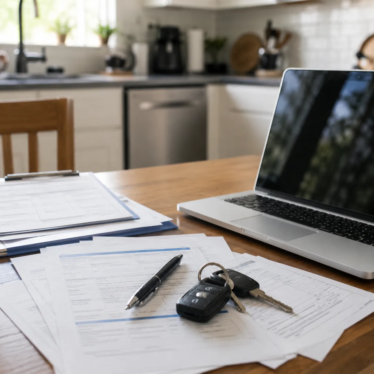 Realistic editorial photo of insurance papers, car keys, and a laptop on a kitchen table, practical household planning s