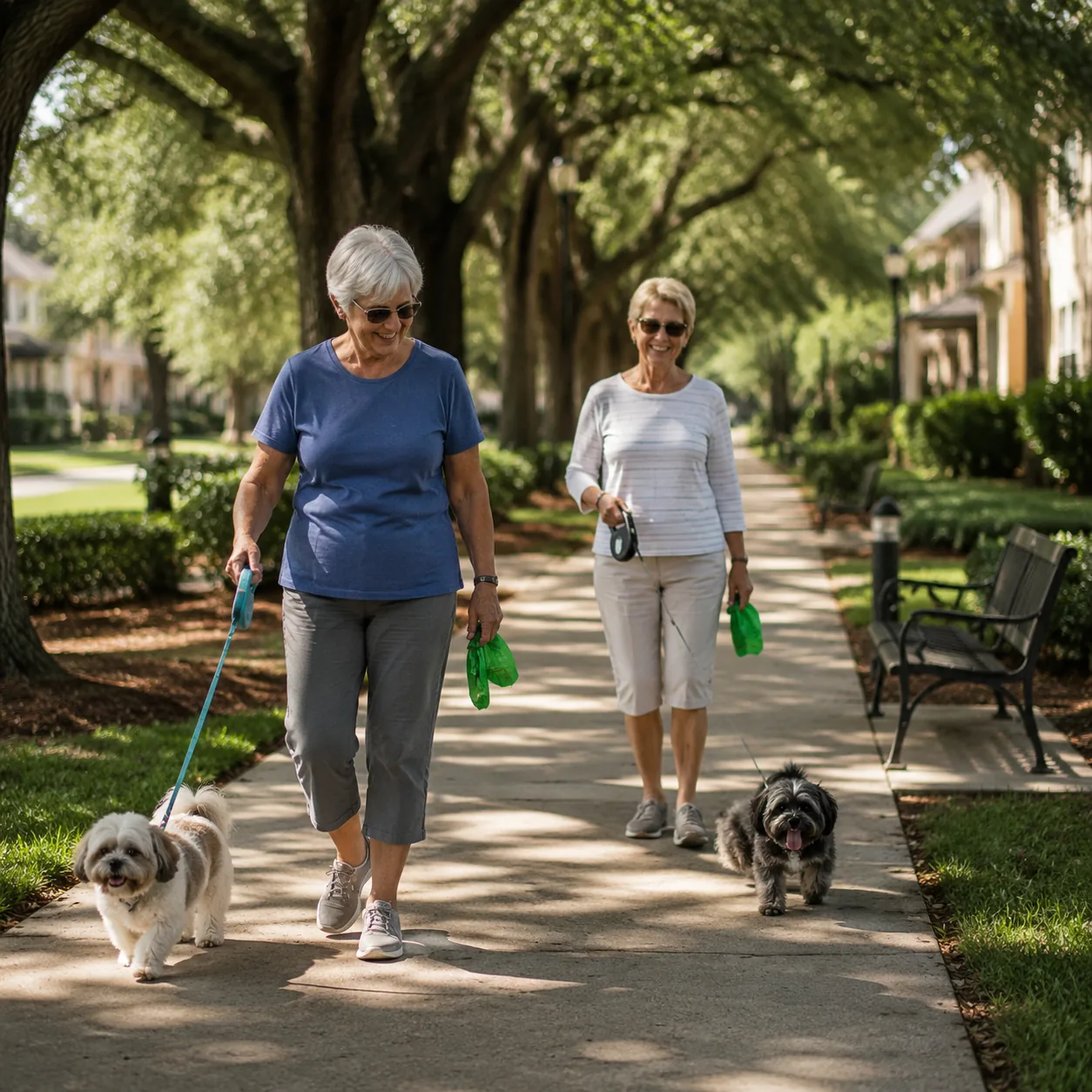 Realistic editorial photo of older residents walking small dogs along a shaded 55 plus community path with pickup bags a