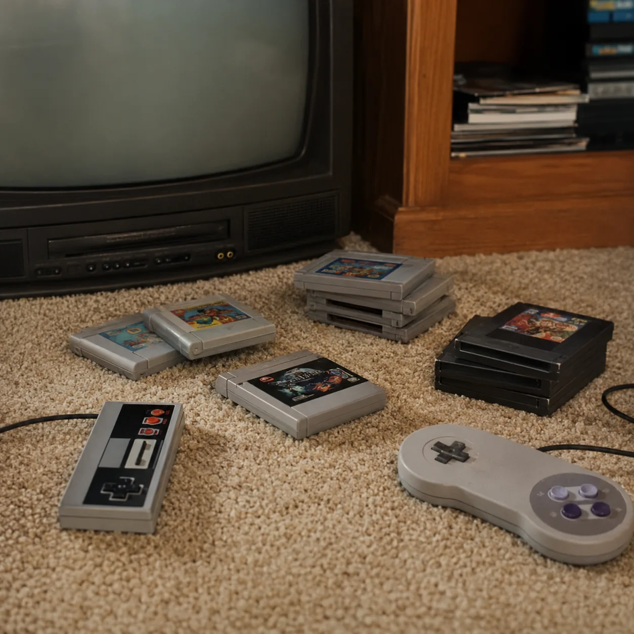 Realistic editorial photo of retro video game cartridges and controllers on a carpeted floor near an old television, 1:1