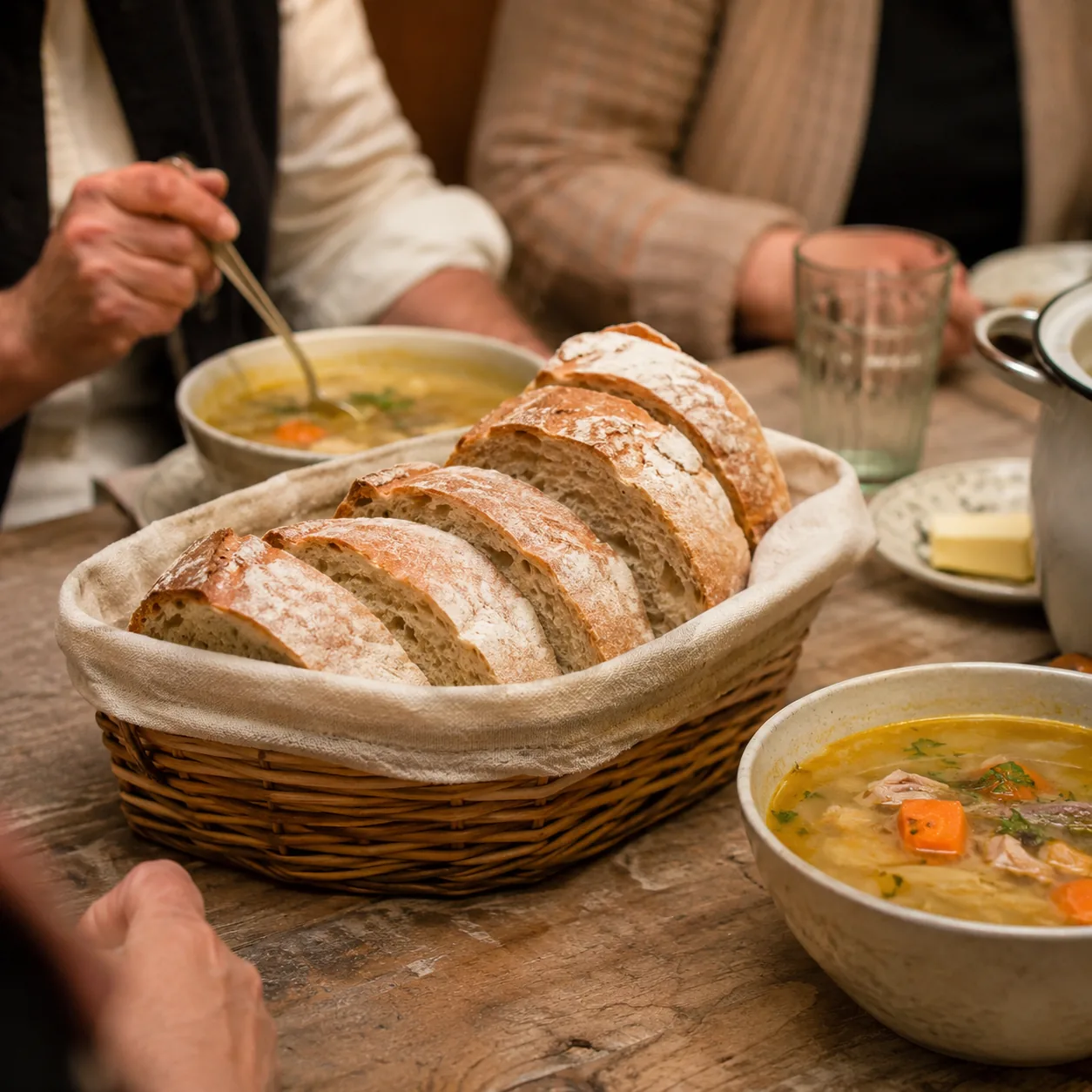 Realistic editorial photo of sliced homemade bread in a basket beside soup bowls on a family table, practical old-fashio