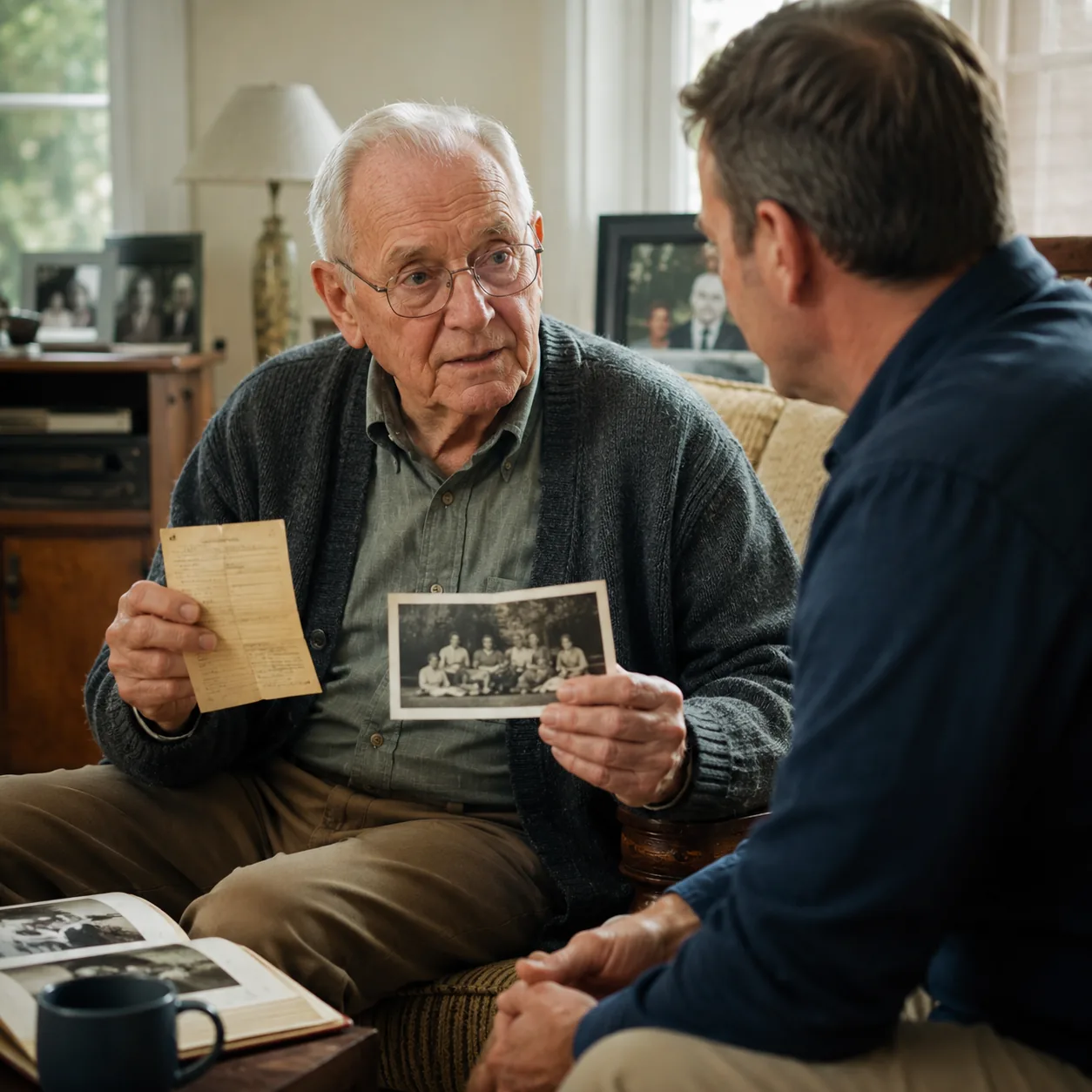 Realistic editorial photo of a grandfather holding an old repair receipt and family photo while talking with an adult gr