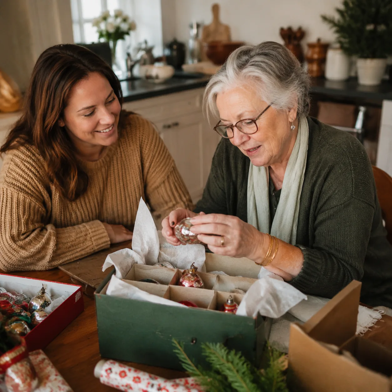 Realistic editorial photo of a grandparent unpacking old holiday ornaments with an adult grandchild at a kitchen table,