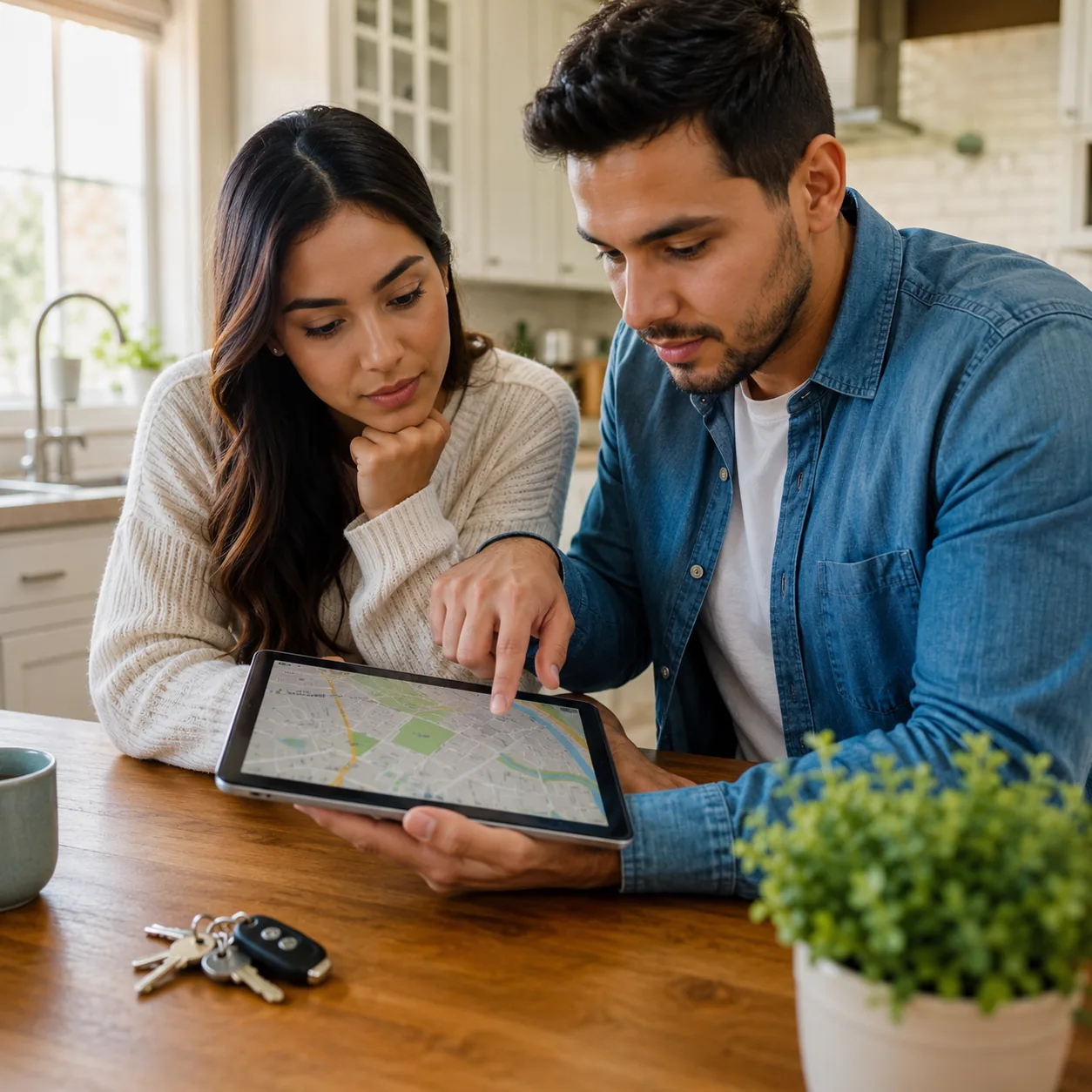 Realistic editorial photo of a Latino couple studying a neighborhood map and commute route on a tablet beside house keys