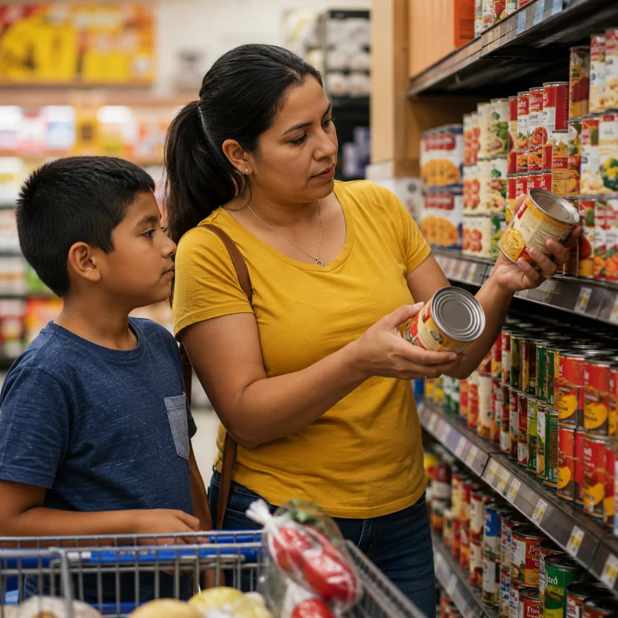Realistic editorial photo of a parent comparing price stickers on canned goods while a child watches in a Latino grocery