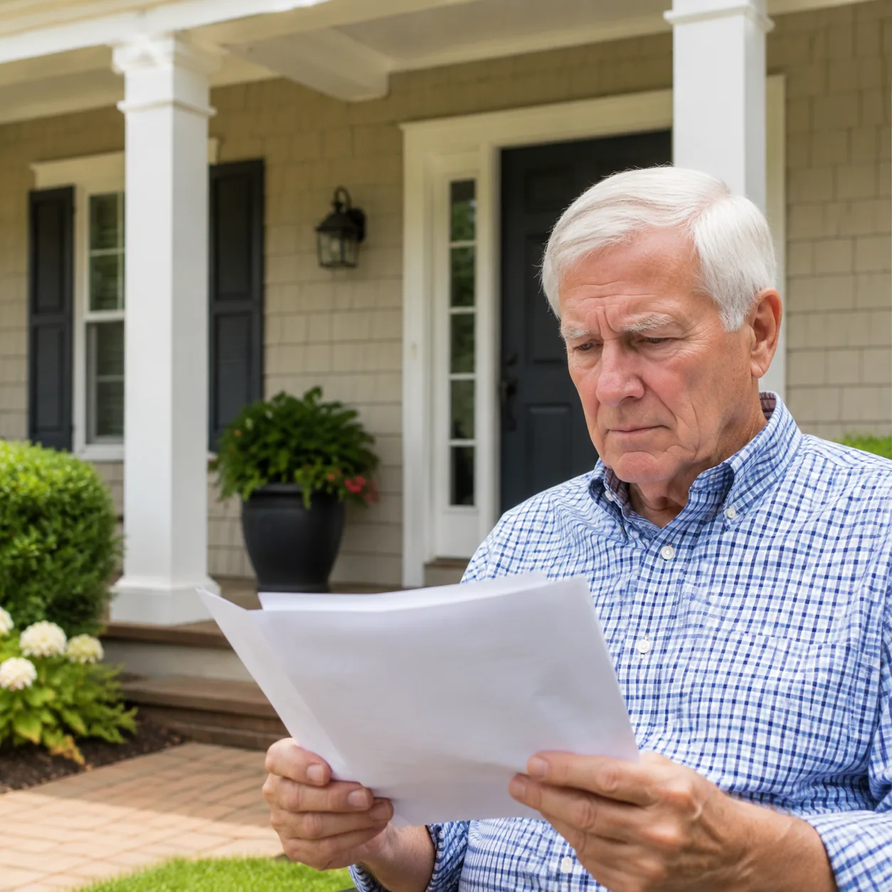 Realistic editorial photo of a retired homeowner reading community violation paperwork beside a tidy front porch, practi
