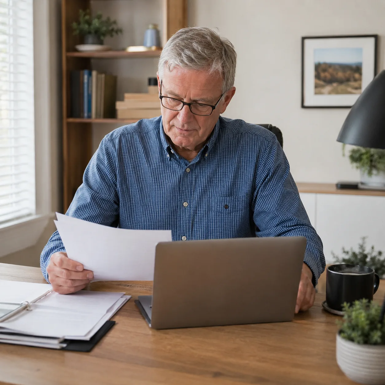 Realistic editorial photo of a retired person working at a small home office desk with HOA documents beside a laptop, pr