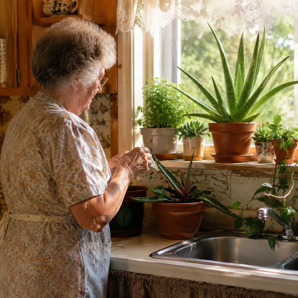 Realistic editorial photo of aloe and hardy houseplants growing on a sunny kitchen windowsill in an older woman's home,