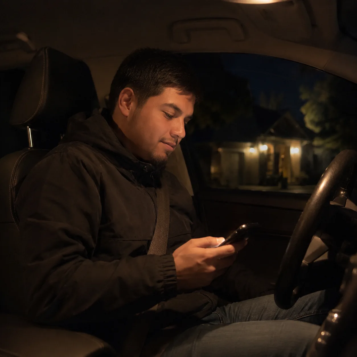 Realistic editorial photo of an adult Latino child texting a parent from a parked car at night to say they arrived safel