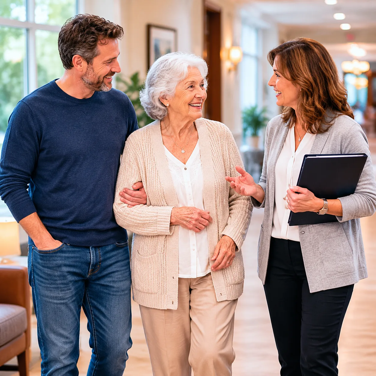 Realistic editorial photo of an adult son and older parent walking with a care director near a calm memory care hallway,