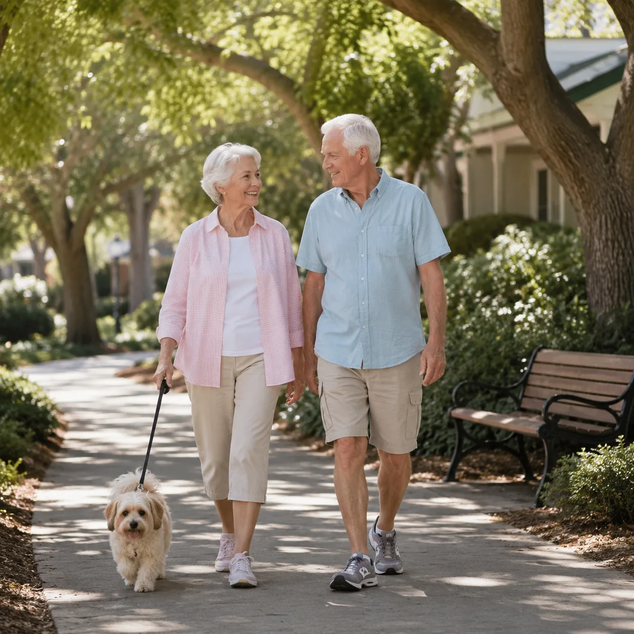 Realistic editorial photo of an older couple walking on a retirement community path with shade trees and benches in soft