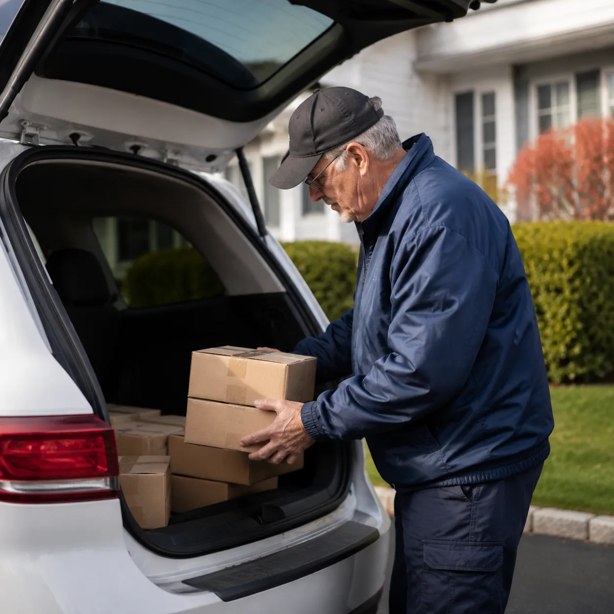 Realistic editorial photo of an older delivery driver loading small packages into a car trunk in a suburban driveway, pr