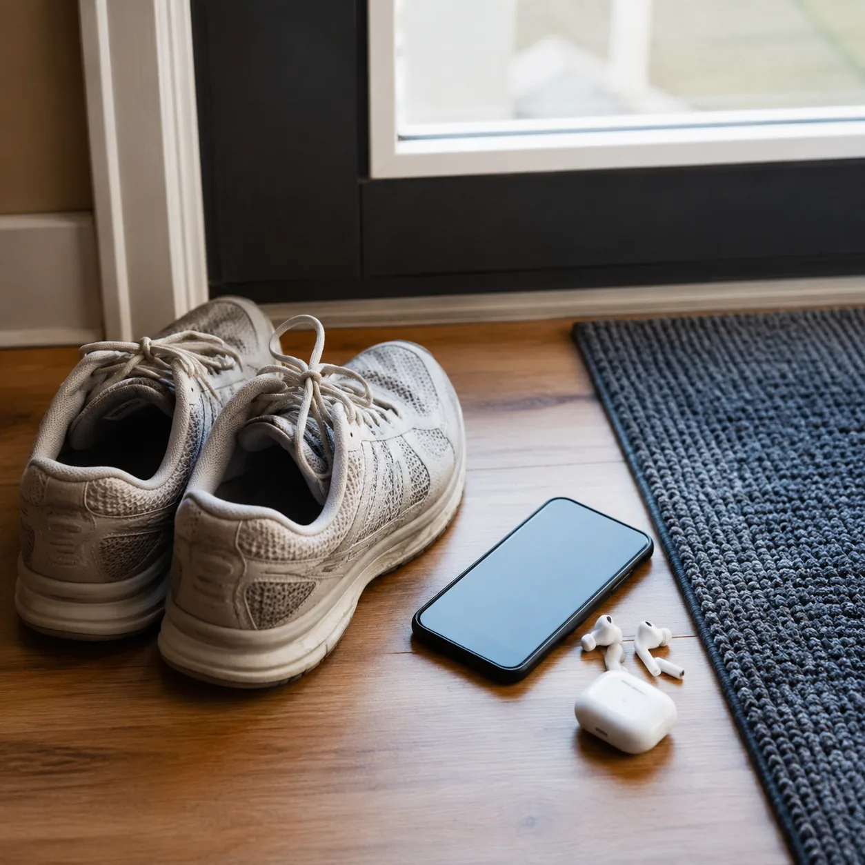 Realistic editorial photo of earbuds, phone, and walking shoes by a front door, practical everyday media style, 1:1 squa
