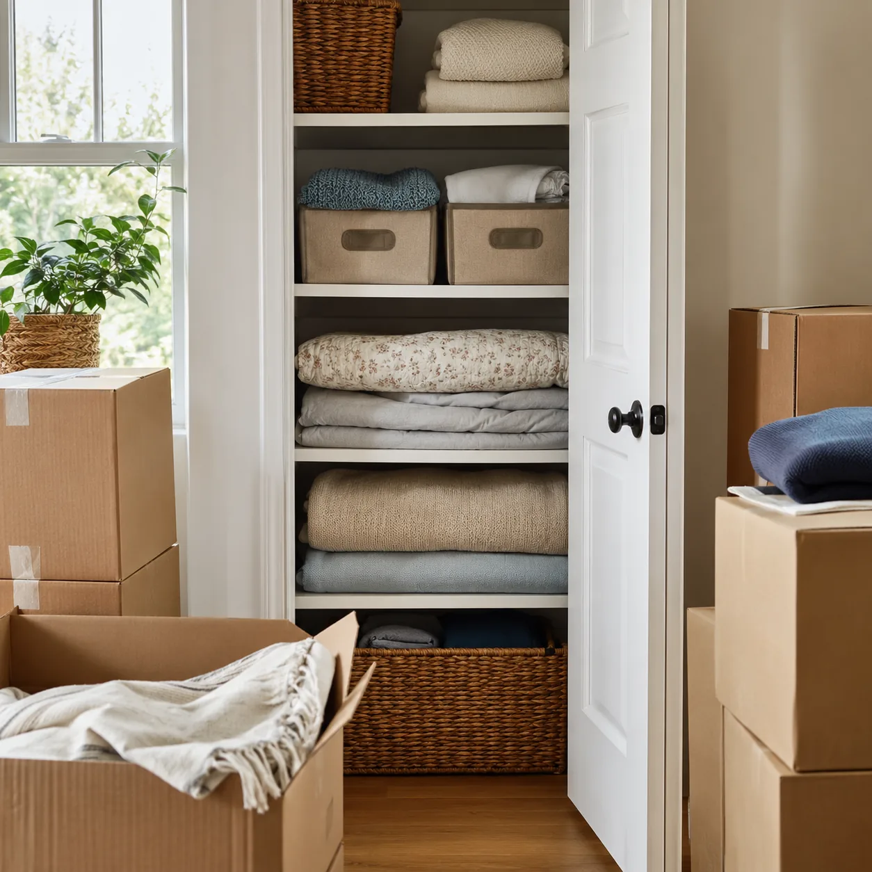 Realistic editorial photo of folded guest blankets in a compact linen closet with labels and moving boxes nearby, practi