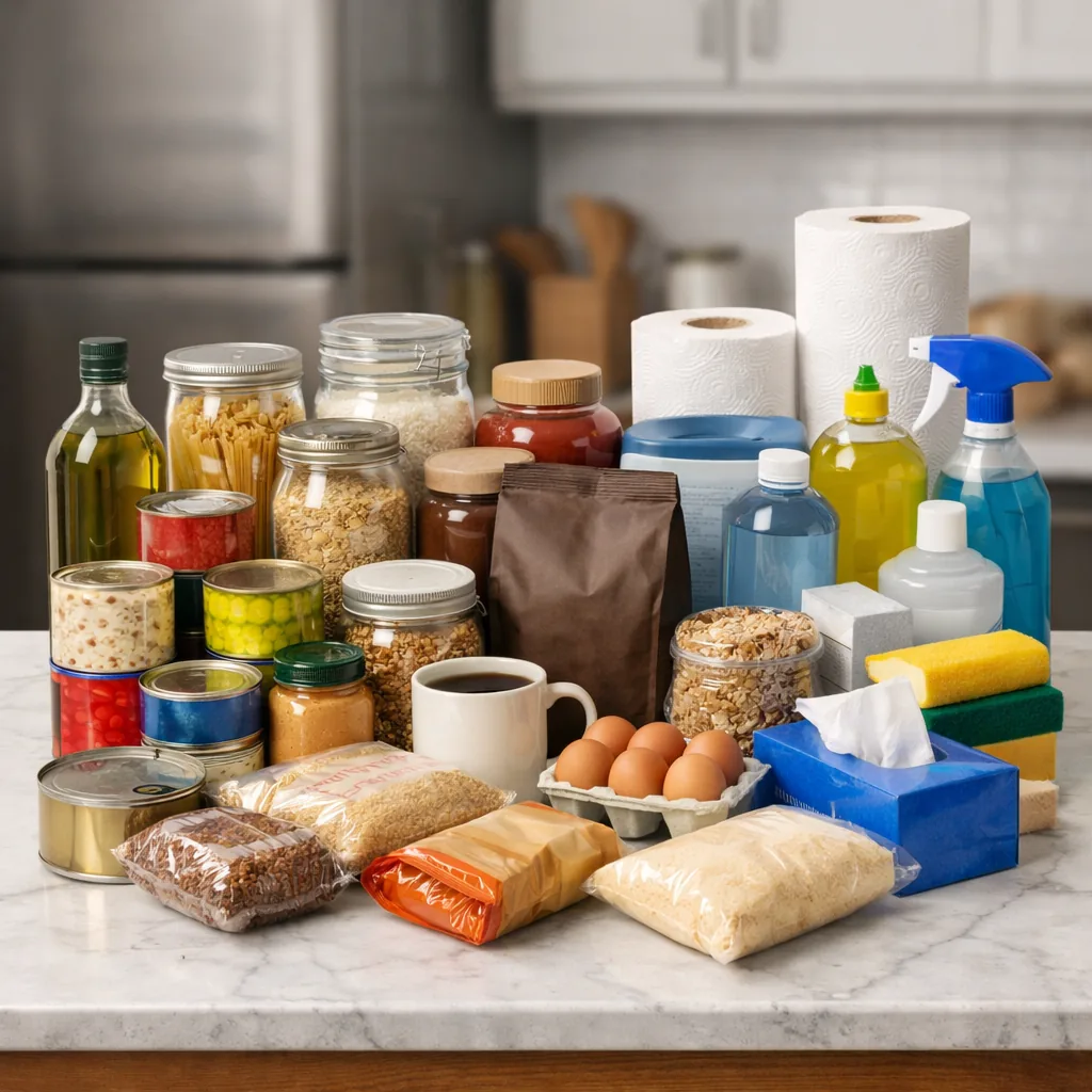 Realistic editorial photo of generic pantry staples, olive oil, coffee, and household goods on a kitchen island, practic