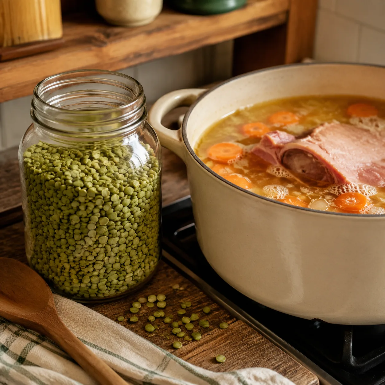 Realistic editorial photo of green split peas in a pantry jar beside a simmering soup pot with carrots and ham bone, pra