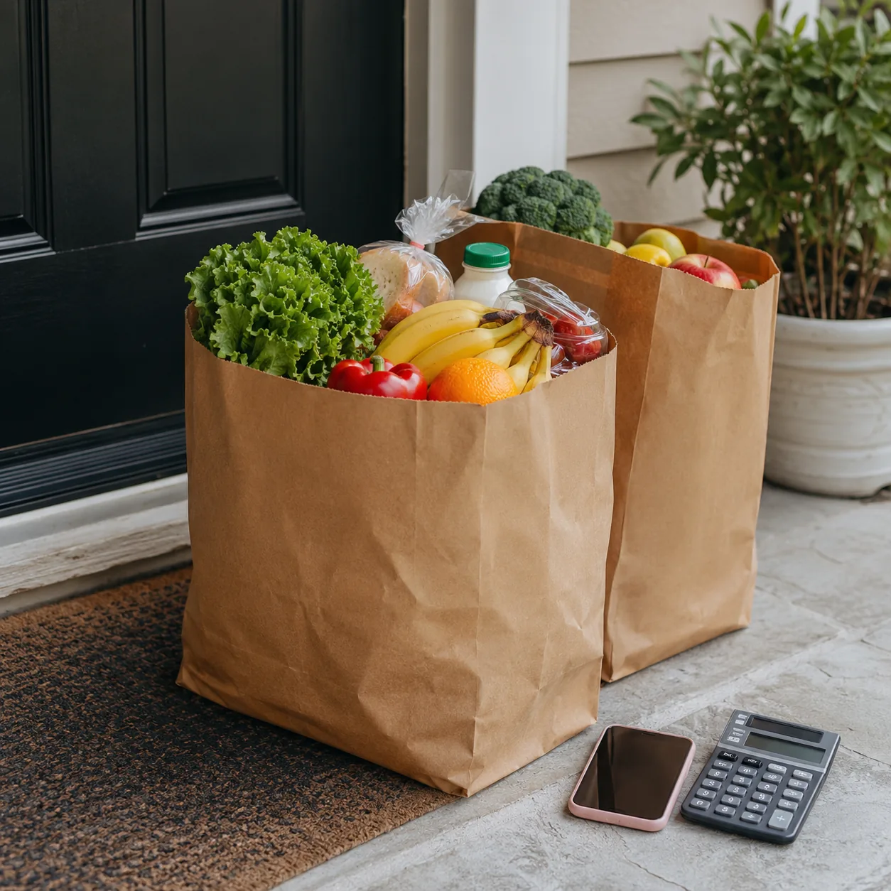 Realistic editorial photo of grocery delivery bags on a doorstep with a phone and calculator nearby, practical consumer