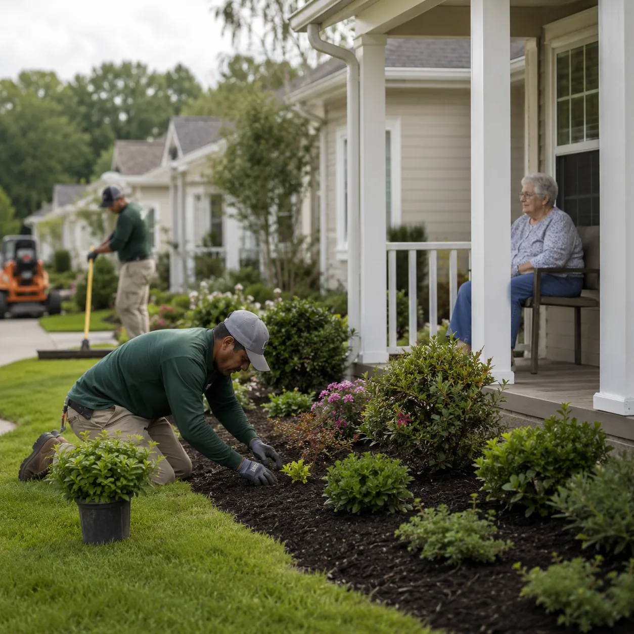 Realistic editorial photo of landscaping crews working near retirement community homes while an older resident waits on