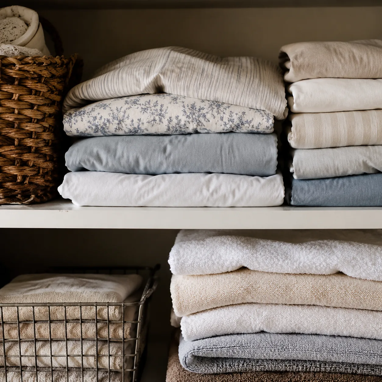 Realistic editorial photo of old bed sheets and towels folded on a laundry room shelf, warm natural light, practical hou