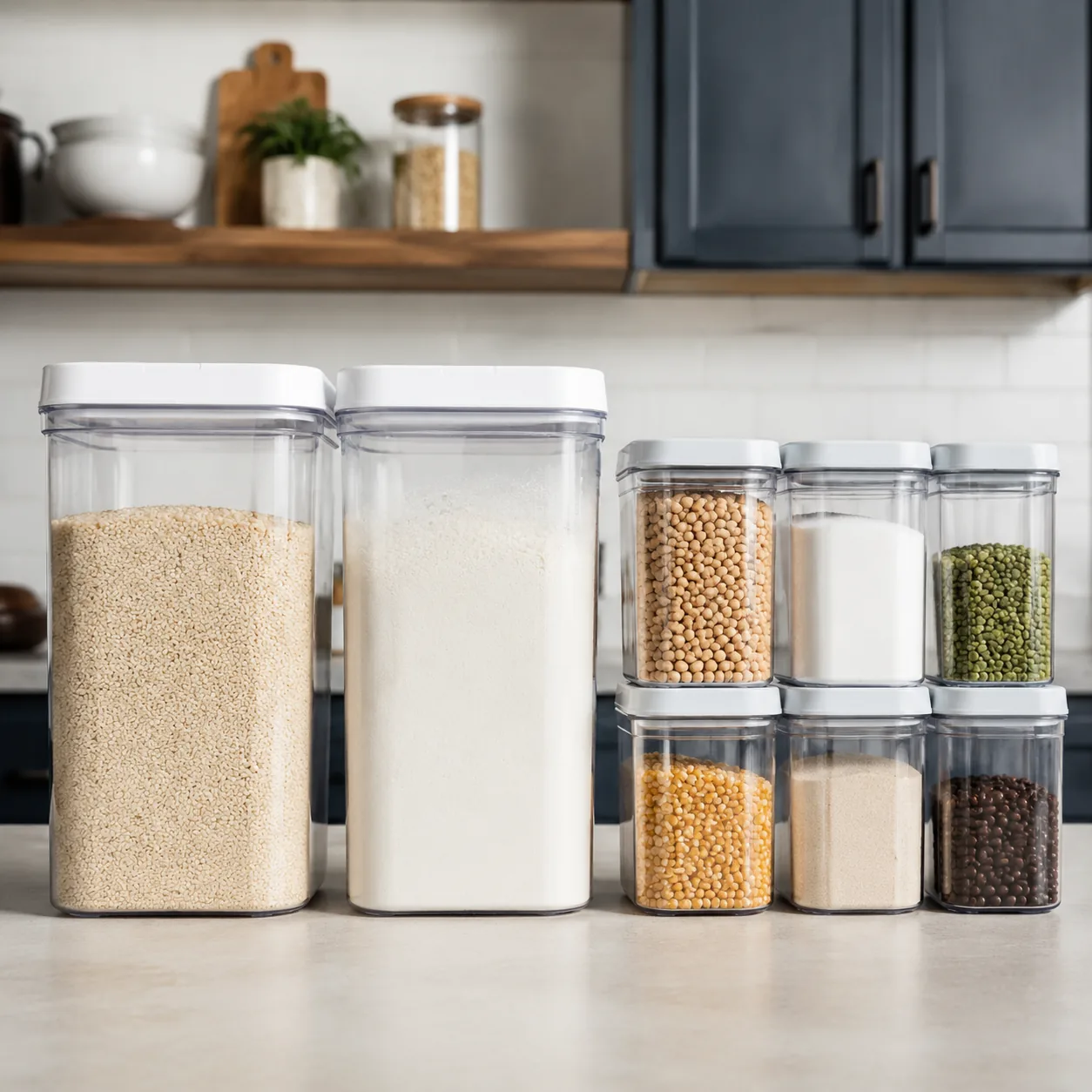 Realistic editorial photo of oversized pantry containers beside smaller home containers in a kitchen, practical consumer