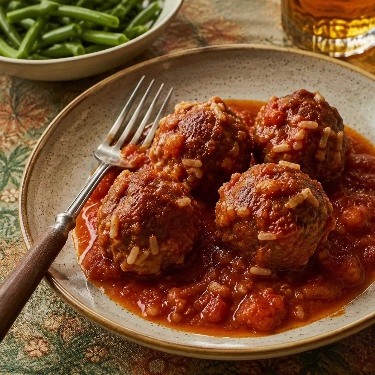 Realistic editorial photo of porcupine meatballs simmered in tomato sauce with visible rice grains on a dinner plate, pr