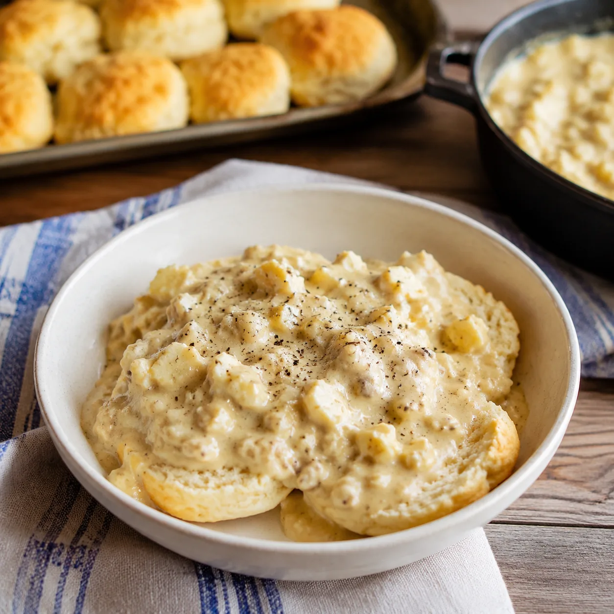 Realistic editorial photo of split biscuits covered with egg gravy in a shallow bowl on a farmhouse kitchen table, pract