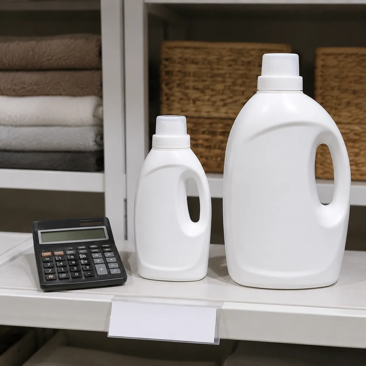 Realistic editorial photo of two sizes of household goods beside a calculator and shelf tag, practical consumer guide st