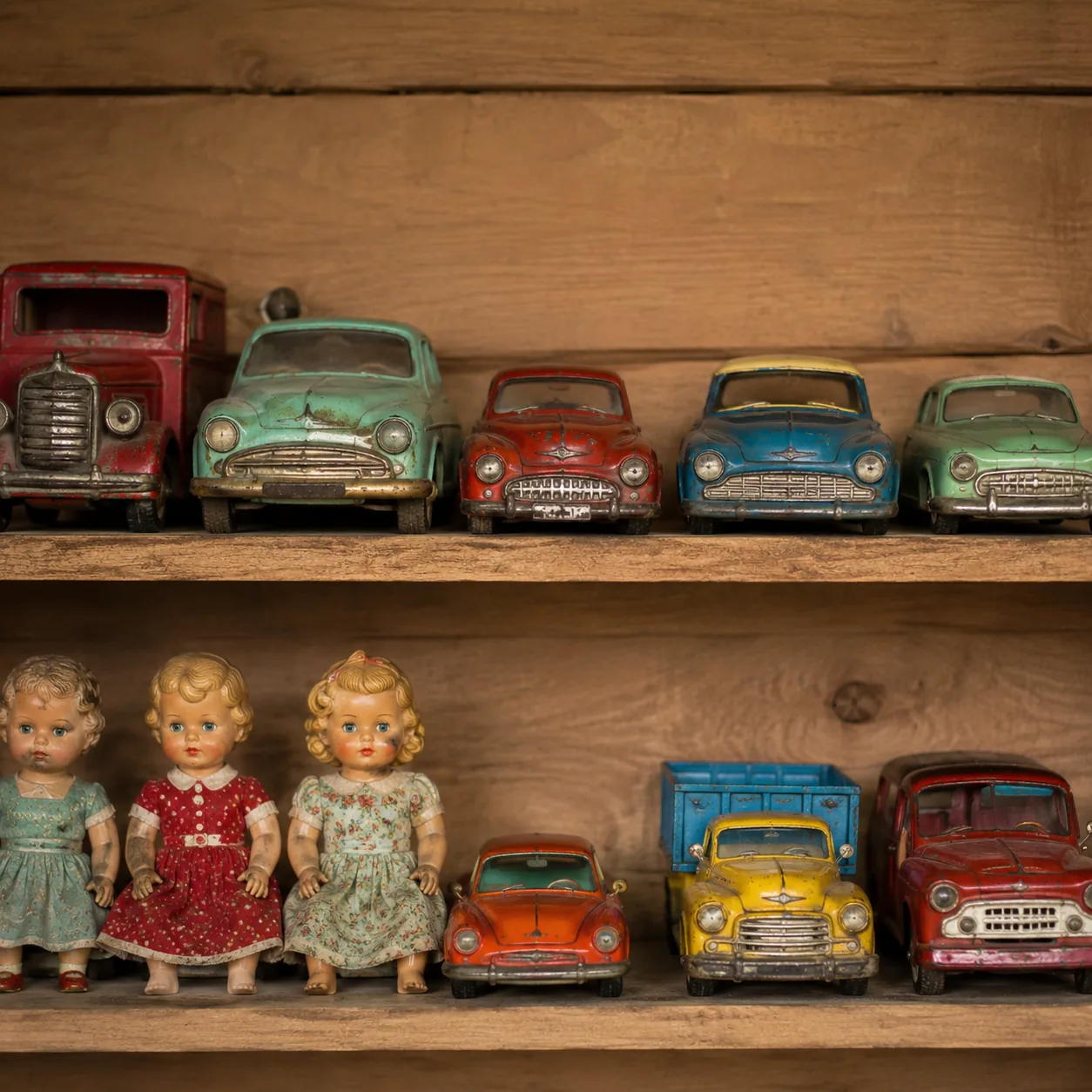 Realistic editorial photo of vintage metal toy cars and dolls arranged on a plain wooden shelf, nostalgic home setting,